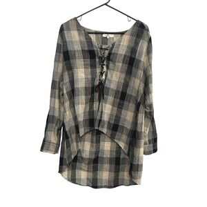 Rustic Boho Plaid Lace Up Tunic Top M Soft Grunge Lagenlook Earthy Neutral Indie